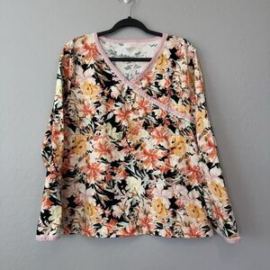 Garnet‎ Hill XLarge Black Pink Orange Floral Cotton Cross Front Long Sleeve Top